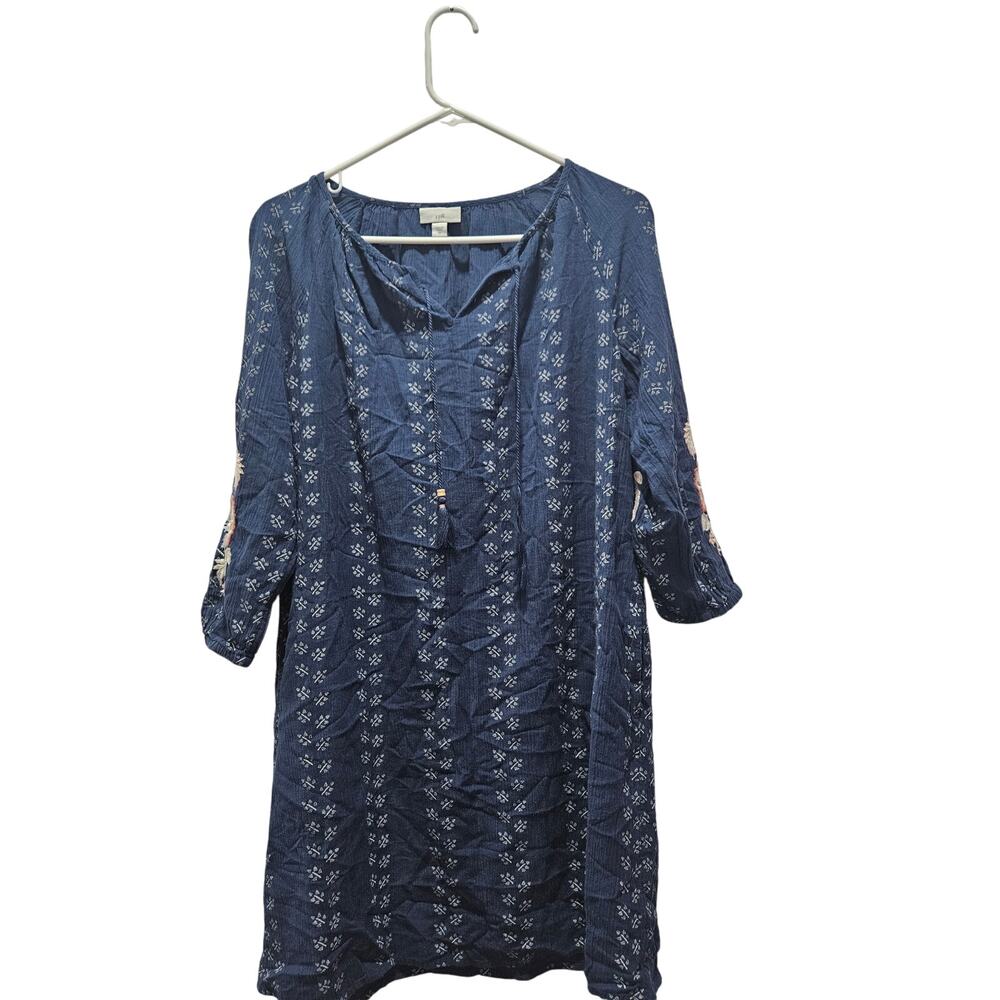 J Jill Embroidered Boho Tunic Dress Blue Floral Peasant Cottagecore XS
